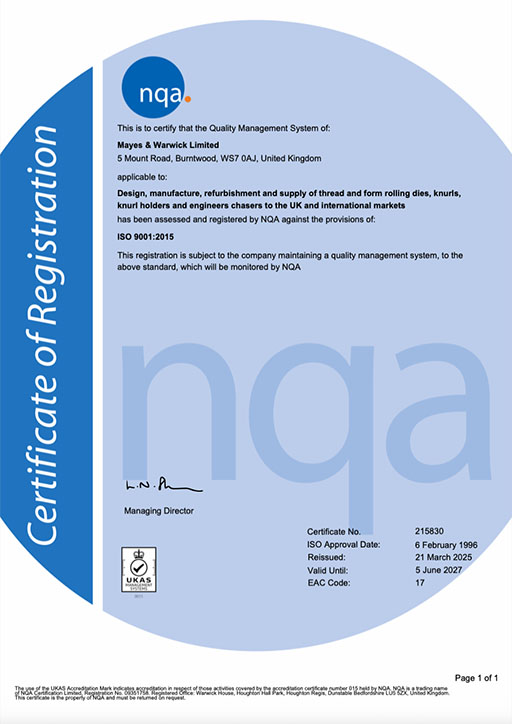 Mayes & Warwick NQA Certificate